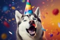 husky wearing a party hut and smiling