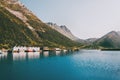 Husoy village in Norway mountains and sea fjord Royalty Free Stock Photo