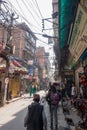 Hustle and bustle in the busy streets of Kathmandu, Nepal, as locals and tourists mixed in the narrow streets