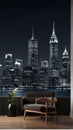 The hustle and bustle of city life with a wallpaper featuring a skyline illuminated.