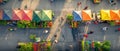 The hustle of an urban market is vivid in this high-angle photo, featuring people amidst stalls of colorful fruits and Royalty Free Stock Photo