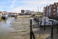 husum inland port at low tide with slipway and boats on the mudflat on a sunny day on the north sea coast in germany Royalty Free Stock Photo