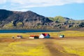 Hut at Alftavatn lake, Laugavegur trail landscape, Iceland. Royalty Free Stock Photo