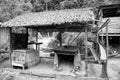 Hut in boca de valeria, brazil. Primitive dwelling hut with dried grass roof. Farm or village in tropic with hut. Eco Royalty Free Stock Photo