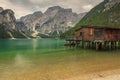 Hut on Braies Lake in Dolomiti mountains and Seeko