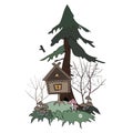 Hut on Chicken Legs Goes in the Foggy Swamp Forest. Cartoon isolated vector illustration. The House of the Slavic Tales. Royalty Free Stock Photo