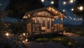 hut and deck at garden in dark sky with string lights and soft illumination Royalty Free Stock Photo