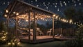 hut and deck at garden in dark sky with string lights and soft illumination Royalty Free Stock Photo