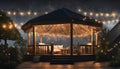 hut and deck at garden in dark sky with string lights and soft illumination Royalty Free Stock Photo