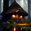 Hut in a Fairy tale fantasy forest wiht green grass and ltall trees, illustration. Generative Ai
