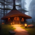 Hut in a Fairy tale fantasy forest wiht green grass and ltall trees, illustration. Generative Ai
