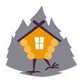 Hut in forest vector logo. Cartoon old house on chicken legs with window, baba yaga home