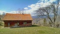 Hut in mountainous landscape.