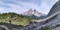 The hut Rifugio Alfonso Vandelli and lake Sorapis in Alps