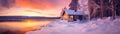 A hut on the shore of a frozen lake. A secluded cottage in the woods. Purple clouds in the sky. Generated by AI Royalty Free Stock Photo