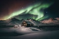 A hut at snow mountain on aurora and star sky background. Generative ai Royalty Free Stock Photo