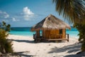 A hut on the white sand of the coast with a beautiful tropical and sea view