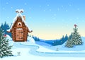 Fairy tale hut made of logs with a snow-covered roof, a stone chimney and a horseshoe for good luck Royalty Free Stock Photo