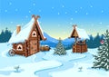 Fairy tale hut made of logs with a snow-covered roof and an old well with clean water Royalty Free Stock Photo