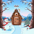 Fairy tale hut made of logs with a snow-covered roof Royalty Free Stock Photo