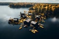 Huts and Boats on the Lake Side - Drone Shot - Generative AI