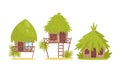 Huts and Bungalow with Roof of Green Palm Leaves as Tropical Jungle Landscape Elements Vector Set Royalty Free Stock Photo