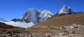 Huts in Lobuche and snow covered mountains Tobuche, Taboche and Cholatse