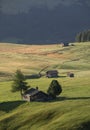 Huts in the meadows at Seiser Alm in the European Dolomite Alps, South Tyrol Italy