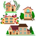 2195 huts, Vector illustration, set of pretty houses in flowers and trees, bright bright colors Royalty Free Stock Photo