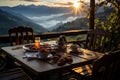 Hutte in Tirol Alm offers a serene sunrise breakfast on its wooden patio Royalty Free Stock Photo