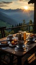 Hutte in Tirol Alm offers a serene sunrise breakfast on its wooden patio Royalty Free Stock Photo