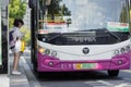 Huzhou, China June 22, 2021: Passenger waiting public transport at bus stop during Coronavirus covid-19 pandemic Royalty Free Stock Photo