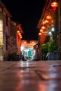 HUZHOU, CHINA - MAY 2, 2017: Huang Yao Ancient Town street in Zhaoping county, Guangxi province. Night view of traditional Chines