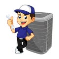 Hvac Cleaner or technician leaning on air conditioner Royalty Free Stock Photo