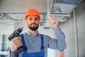 hvac engineer install heat recovery ventilation system for new house. copy space Royalty Free Stock Photo