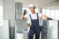 hvac services - worker install ducted pipe system for ventilation and air conditioning Royalty Free Stock Photo