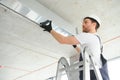 hvac services - worker install ducted pipe system for ventilation and air conditioning Royalty Free Stock Photo