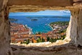 Hvar bay aerial view through stone window Royalty Free Stock Photo