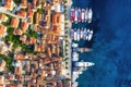 Hvar, Croatia. Aerial view on the old town. Vacation and adventure. Town and sea. Top view from drone at on the old town and azure Royalty Free Stock Photo