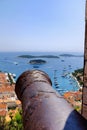 Hvar town from the Spanish Fortress with an old canon in the for Royalty Free Stock Photo