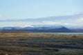 Hverfjall crater covered in snow on Iceland lake Royalty Free Stock Photo