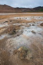 Hverir, geothermal area Namafjall, S-shaped road and multicolored surface, North of Iceland Royalty Free Stock Photo