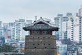 Hwaseong fortress and watch tower in Suwon city, South Korea. A famous touristic site of stone wall built in the late 18th century Royalty Free Stock Photo