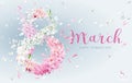 Floral vector greeting card for 8 March in watercolor style with lettering design