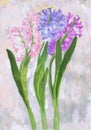 Hyacinths on a light background. Children`s drawing, gouache