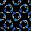 Hyacinths Muscari in simple and cute spring seamless pattern with flowers, buds, branches, wreaths on black background