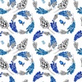 Hyacinths Muscari in simple and cute spring seamless pattern with flowers, buds, branches, wreaths on white background