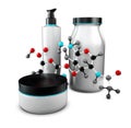 Hyaluronic acid chemical molecule structure and cosmetic bottles, 3d illustration.