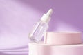 Hyaluronic acid, serum skincare glass bottle on lilac pink podium pedestal. Serum product cosmetic with peptide and