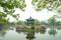 Hyangwonjeong hexagonal pavilion of Gyeongbokgung Palace in Seoul, Korea. Erected by royal command of King Gojong in 1873